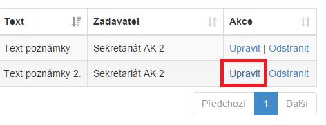 Úprava poznámky 1. Pokud chceme poznámku upravit, klikneme na odkaz Upravit viz Obrázek 99: Krok 1 - Úprava poznámky a otevře se stránka s možností upravit poznámku. 2.