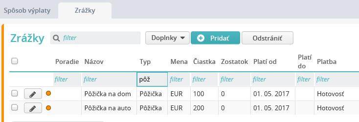 Príklad: zamestnanec má na záložke Rola/ Zrážky/ Zrážky zadané dve zrážky typu Pôžička.