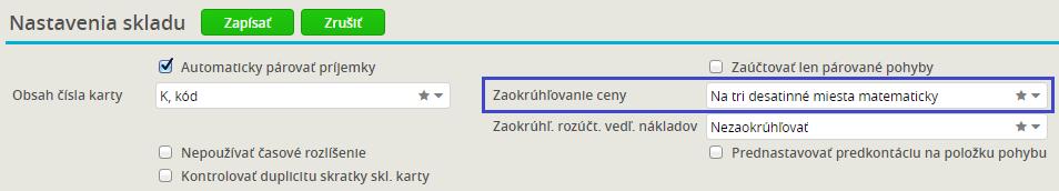 Nastavenia skladu A týmto zaokrúhlením môžu vznikať centové rozdiely, pretože príjemky vždy počíta so sumou, ktorú ste na príjemke zadali, ale výdajky už počíta v zaokrúhlenej cene.