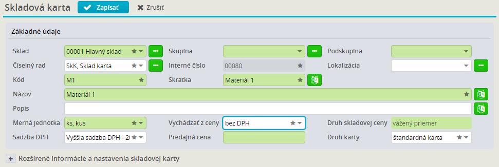 SKLAD 5.2 Vytvorenie / Pridanie novej skladovej karty Tlačidlom Pridať pridáte novú skladovú kartu. Editačný formulár skladovej karty sa skladá z viacerých častí.