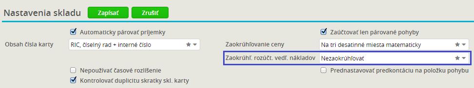 SKLAD Zaokrúhľovanie vedľajších nákladov Zaokrúhľovanie vedľajších nákladov sa nastavuje vo voľbe Nastavenia skladu v políčku Zaokrúhľ. rozúčt. vedľ. nákladov. Príklad: Naskladňujem príjemku, na ktorej je 10 000 ks tovaru, vedľajšie náklady (napr.