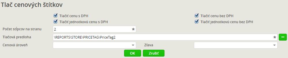 Po kliknutí na voľbu Cenové štítky sa otvorí okno Tlač cenových štítkov, kde môžete nastaviť jednotlivé nastavenia tlače.