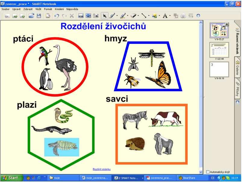 Na dalším obrázku je znázornění rozdělení živočichů na třídy jen pomocí obrázků z galerie SMART Notebooku.