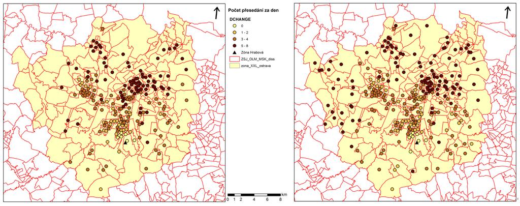 rozdíly v počtu přesedání. Nejhorší jsou části území s více než 4 přesedáními denně, kde pravděpodobně takové spoje zaměstnanci nevyužívají a volí jiný druh dopravy (IAD).