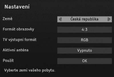 Zobrazí se další okno: Výběr se provádí tlačítky s šipkami a tlačítkem OK. Úvodní instalace Po prvním zapnutí se objeví následující okno: 1 Stisknutím tlačítka OK zobrazíte další stranu.