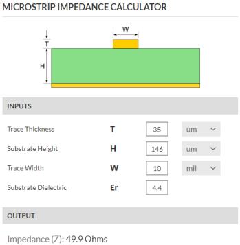 2.8 Výpočet mikropáskového vedení Vzhledem k vysokým kmitočtům bylo zapotřebí také spočítat parametry vedení tak, aby odpovídala použité impedanci 50 Ω.