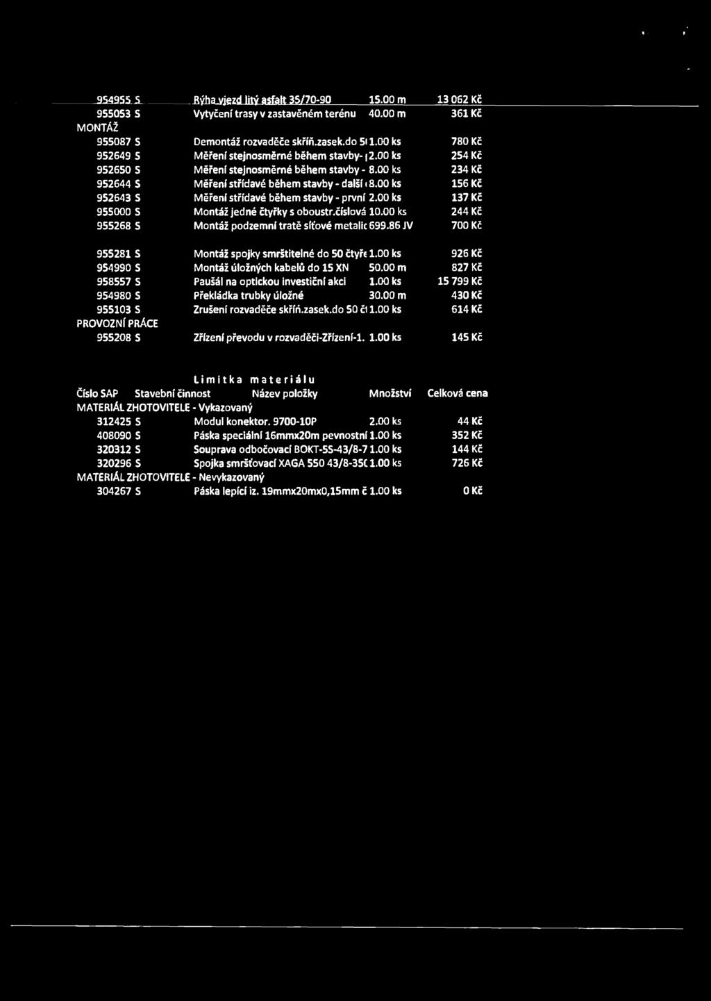00 ks 952643 S Měření střídavé během stavby - první 2.00 ks 955000 S Montáž jedné čtyřky s oboustr.číslová 10.00 ks 955268 S Montáž podzemní tratě síťové metalíc 699.