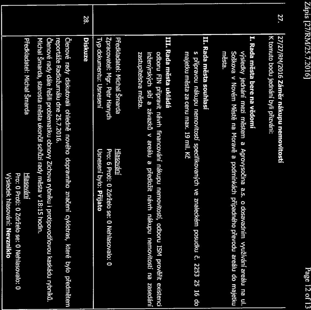 Zápis [27IRM/25.7.2016] Page 12 of 13 27. 27/27/RM/2016 Záměr nákupu nemovitostí K tomuto bodu jednáni byli přizváni: výsledky jednání mezi městem a Agrovysočina as.