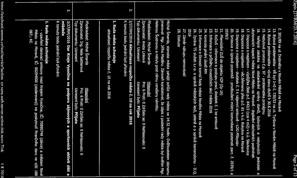 - uzavření Zápis [27/RM125.7.2016] Page2 of 13 Č. 301/89 na ul. Drobného v Novém Městě na Moravě 13. Bytová problematika - VŘ byt 1+0 Č. 730/53 na ul. Tyršova v Novém Městě na Moravě 14.