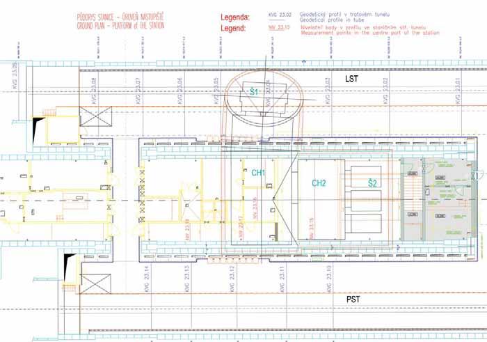 Staniční tunely metra, stanice Národní Národní Třída station station tunnels Obr. 2 Napojení Š2 do prostor metra s konvergenčními profily v tunelech Fig.