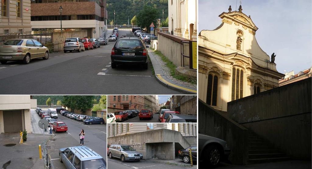 Dušní (4) chybějící chodník v Dušní ulici v úseku mezi ulicí U Milosrdných a obslužným zadním parkovištěm hotelu Prezident není žádný chodník: při východní straně vozovky je pouze zvýšený dlážděný