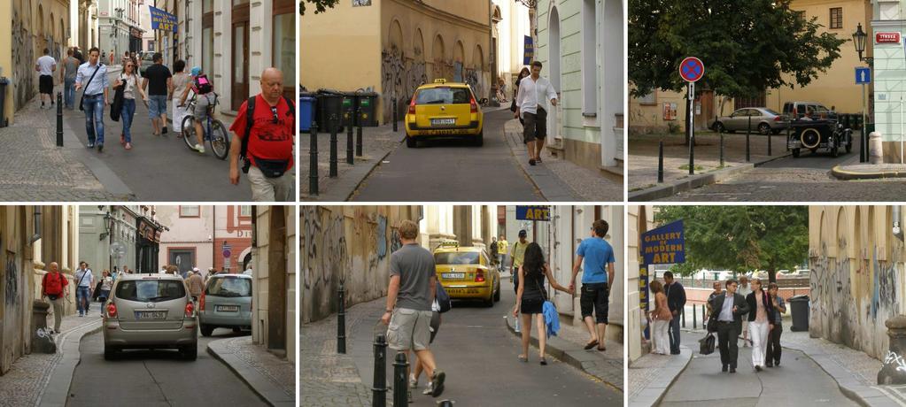 Malá Štupartská (19) zúžení x rychlá jízda, nejezdit, pouze pro pěší a kola v nejužším místě je šířka chodníku cca 1,0 metru a šířka vozovky mezi obrubami cca 2,3 metru jednosměrný provoz všech