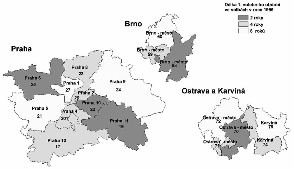 Volby do Senátu 1996 až 2008 Obrázek 1.2. Mapa obvodů pro volby do Senátu PČR Praha, Brno, Ostrava a Karviná Zdroj: ČSÚ http://www.czso.cz/csu/2005edicniplan.nsf/tab/ea003edf8d.