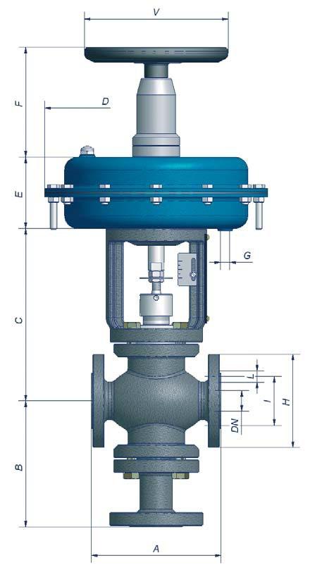 Celkové rozměry ventilu závisí na použitém servopohonu, který je navržen vzhledem k tlaku regulovaného média.