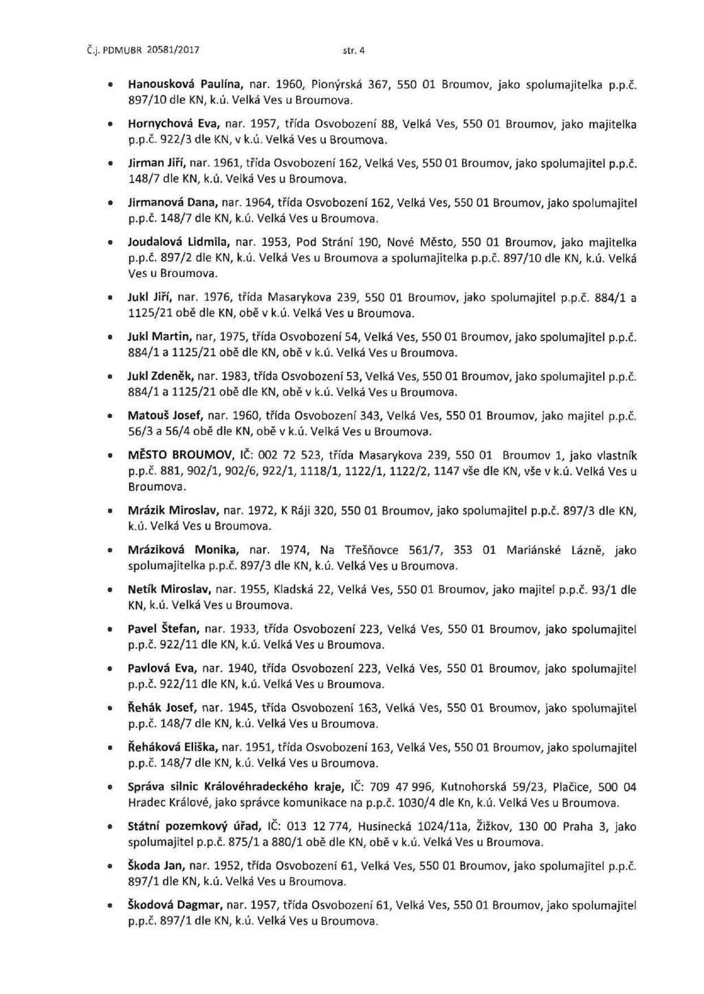 PDMUBR 20581/2017 str. 4 Hanousková Paulína, nar. 1960, Pionýrská 367, 550 01 Broumov, jako spolumajitelka p.p.č. 897/10 dle Homychová Eva, nar.