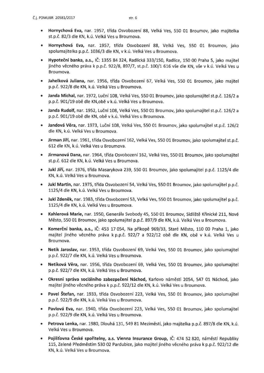 PDMUBR 20581/2017 str. 6 Hornychová Eva, nar. 1957, třída Osvobození 88, Velká Ves, 550 01 Broumov, jako majitelka st.p.č. 82/3 dle Hornychová Eva, nar.