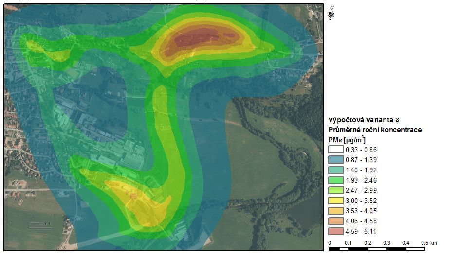 Částice frakce PM 10 a PM 2,5 Příspěvek k nejvyšším průměrným ročním koncentracím PM 10 byl vypočten na úrovni do 5,11 µg/m 3. Imisní limit pro tuto charakteristiku je 40 µg/m 3.