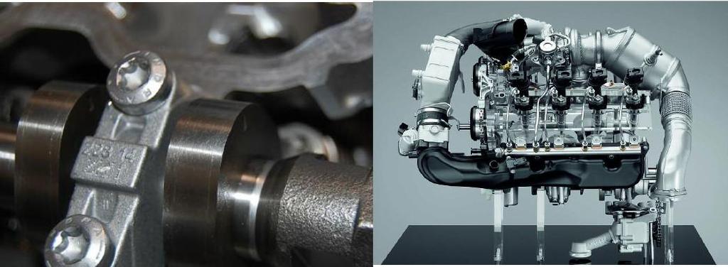 OSMIVÁLCOVÉ MOTORY BMW Obrázek 27 - detail na skládanou vačkovou hřídel (vlevo) a sací a výfuková část N63TU (vpravo) [35] [50] V roce 2012 přišla modernizovaná verze tohoto motoru, známá jako