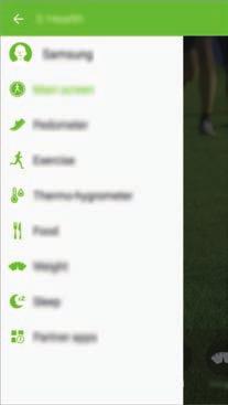 Na obrazovce menu aplikace S Health klepněte na položku Hlavní obrazovka. Otevření obrazovky menu aplikace S Health.