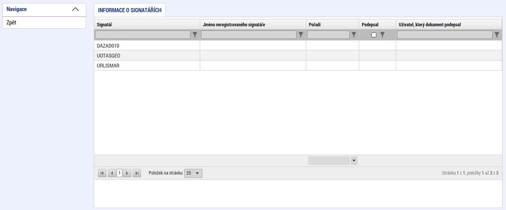 3.3.1 Signatáři Po provedení finalizace ŽoZ se v záhlaví objeví nové položky. Pomocí tlačítka Signatáři může příjemce zobrazit informace o signatářích, kteří mají žádost o změnu podepsat.