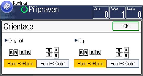 Oboustranné kopírování Zadání orientace originálu a kopie Vyberte orientaci originálu a kopie v případě, že originál je oboustranný, nebo pokud chcete kopírovat na obě strany papíru.