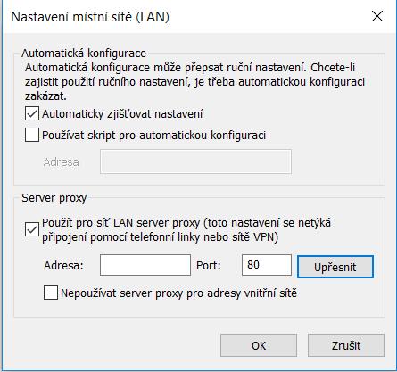 Zatrtněte volbu Použít pro síť LAN server proxy (toto