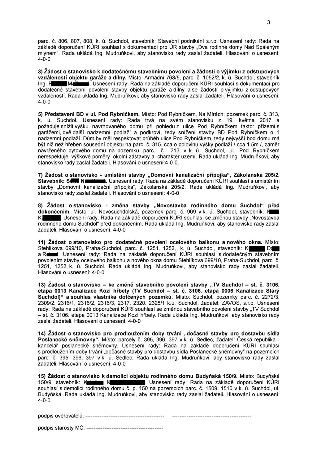 parc. č. 806, 807, 808,, k. ú. Suchdol, stavebník: Stavební podnikání s.r.o. Usnesení rady: Rada na základě doporučení KURI souhlasí s dokumentaci pro UR stavby Dva rodinné domy Nad Spáleným mlýnem.