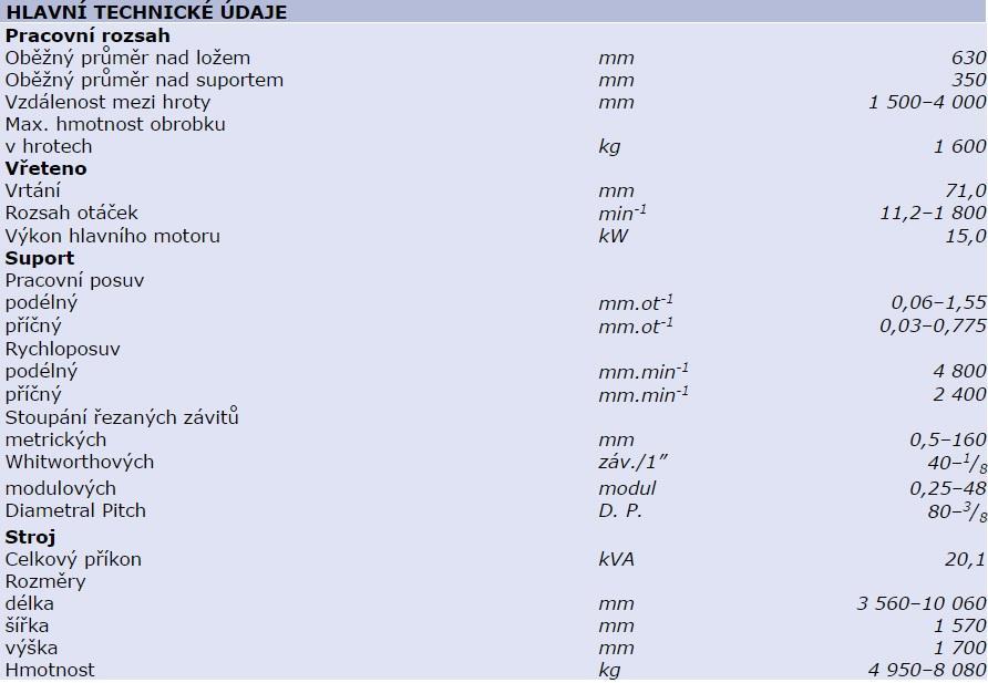 PŘÍLOHA 1 (1/3) STROJE Parametry stroje hrotového soustruhu
