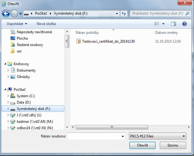 Obrázek 174: Výběr certifikátu pro podpis z disku Následně žadatel vloží heslo a stiskem tlačítka