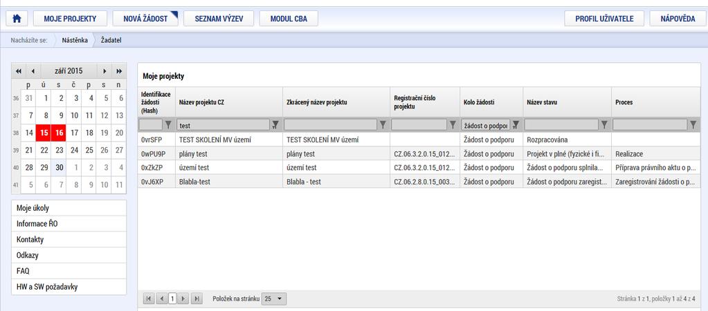 V rámci seznamu jsou k dispozici ve formě náhledu důležité informace jako je Název projektu, Registrační číslo projektu nebo Název stavu (informace v jaké fázi realizace se jeho žádost o