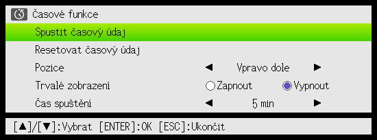 Používání časových údajů prezentace (TIMER) Časové údaje prezentace znázorňují odpočítávání od přednastavené časové hodnoty.