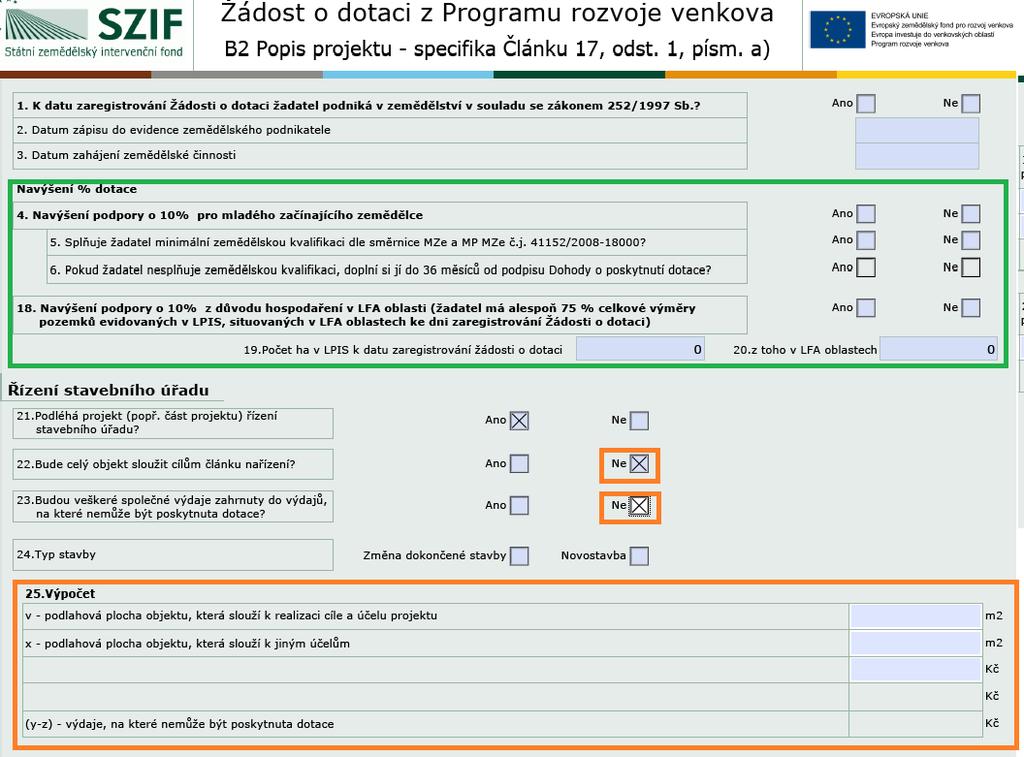 Formulář Žádosti o dotaci v Portálu Farmáře Specifické strany čl. 17