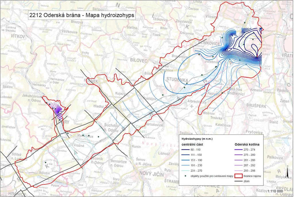 Obr. 5-4. Hydroizohypsy podzemní vody v miocénu HGR 2212 ANALÝZA ČASOVÝCH ŘAD KOLÍSÁNÍ HLADINY PODZEMNÍCH VOD Analýza doplňování a vyprazdňování kolektoru vycházela z režimního vývoje, resp.