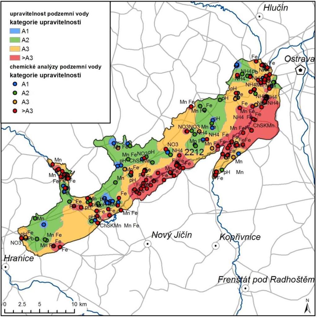 Obr. 7-2. Upravitelnost podzemní vody připovrchové zóny v rozsahu HGR 2212 7.2. VÝVOJ KVALITY PODZEMNÍ VODY V hydrogeologickém rajonu 2212 Oderská brána je k dispozici jeden vrt s časovou řadou chemického složení vody, uvedený v Tab.