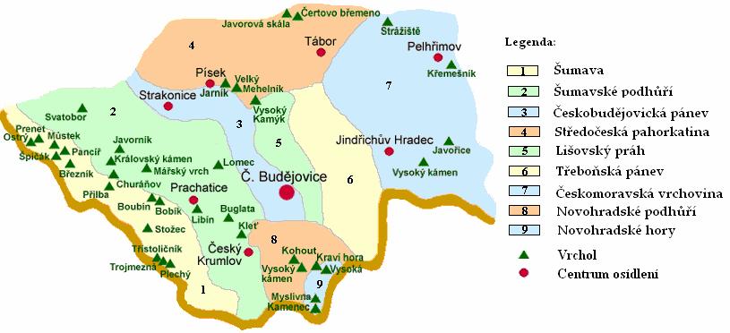 Obr. 2: Geomorfologické vymezení Šumavského podhůří Zdroj: http:// projekt.jiznicechy.org/map Ani jedna z takto vymezených oblastí se neshoduje s modelových mikroregionem Pošumaví (obr. 2).