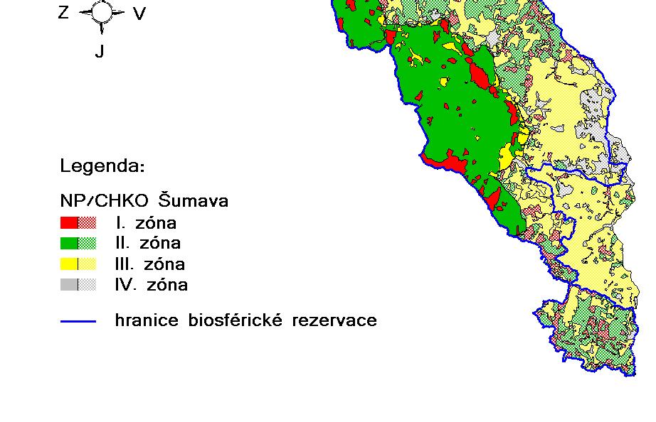 zóna (řízená přírodní) 57 000 ha, přiléhá k I. zóně, rozdělená do tří subzón A, B, C, v II.