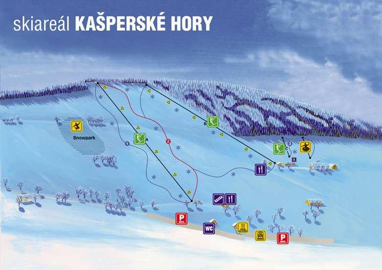Obr. 11: Schéma Skiareálu Kašperské Hory Skiareál Kašperské Hory (obr. 11) nenabízí sportovní vyžití jen lyžařům, ale součástí komplexu je i snowpark a dráha pro snowtubing.