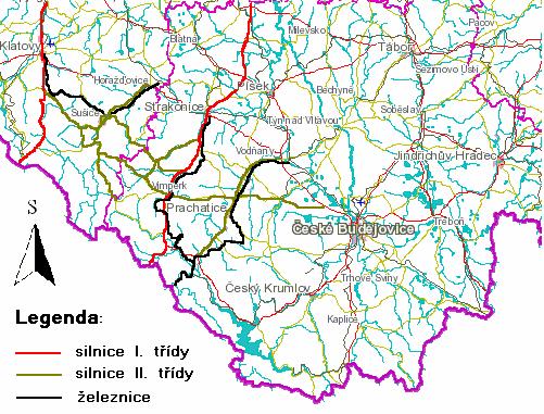 Obr. 16: Nejdůležitější silniční komunikace a železnice v Pošumaví Zdroj: upraveno z http://www.risy.cz/index.php?pid=202&sid=114&mid=5010 4.3.