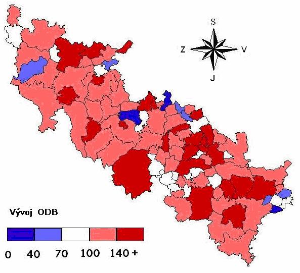 Obr. 19: Vývoj objektů druhého bydlení v letech 1991 2005 Zdroj: Vlastní podklad Vysvětlivky: ODB = objekty druhého bydlení Obr. 20 a 21 nabízí srovnání vývoje NDR a OIR mezi lety 1991 a 2005.
