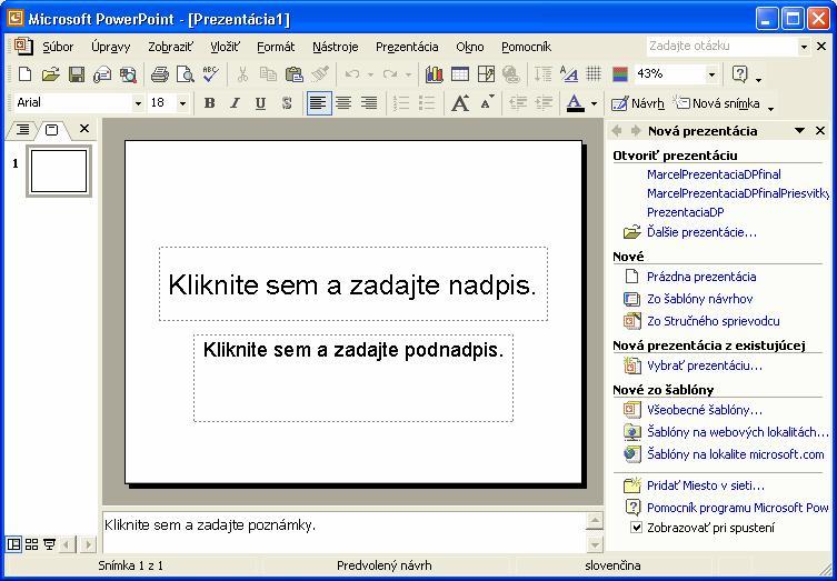 Pracovná tabla v pravej časti obrazovky nám ponúka otvoriť už existujúcu prezentáciu alebo vytvoriť novú (prázdnu, Zo šablóny návrhov alebo pomocou Stručného sprievodcu).