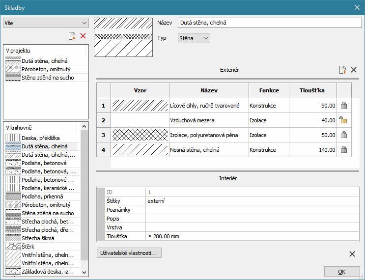 Skladby materiálů BIM BricsCAD > Materiály a skladby materiálů Skladby BIM umožňují definovat materiálovou strukturu konstrukčních prvků BIM (stěn, desek apod.).