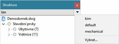 BricsCAD > Struktura modelu Položkou Vybrat otevřete dříve uložené uspořádání panelu.