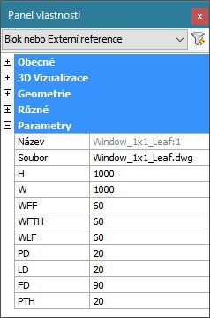 Úprava parametrů oken a dveří Parametry vybraného prvku se zobrazují v panelu vlastností v sekci Parametry: BricsCAD > Panel nástrojů BIM Změnou hodnot v řádcích můžete měnit rozměrové parametry