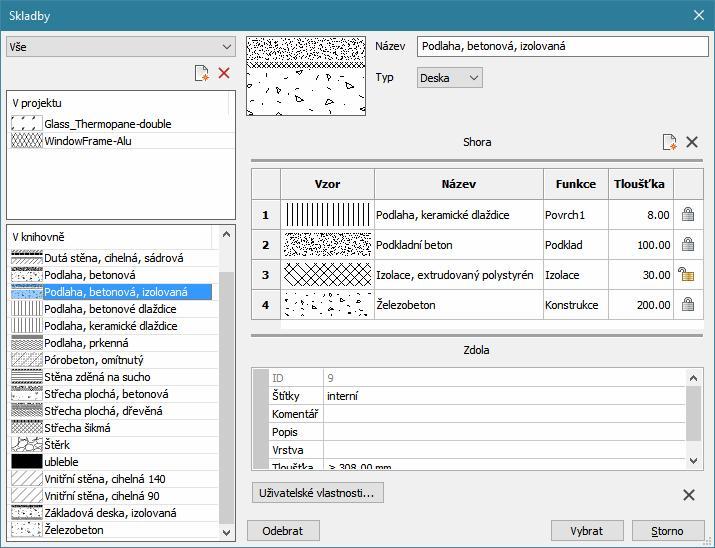BricsCAD > Panel nástrojů BIM Spustíte-li nástroj až po předchozím výběru entit, program automaticky otevře dialogové okno, v němž můžete vybrat materiálovou skladbu, kterou chcete vybraným entitám