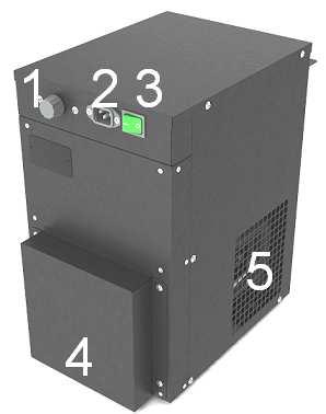 1 - Regulátor termostatu 2 - Konektor zdrojového kabelu 3 - Hlavní vypínač přístroje 4 - Kryt kondenzátoru 5 - Odvětrávací mřížka UPOZORNĚNÍ Pro provoz je nezbytné, aby v podkladové desce byl otvor