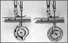 Další novinkou bylo automatické podávání pomocí podavače se čtyřsměrným Obrázek 5: Šicí stroj A.B.Wilsona s prvním rotačním chapačem [5]. pohybem [].