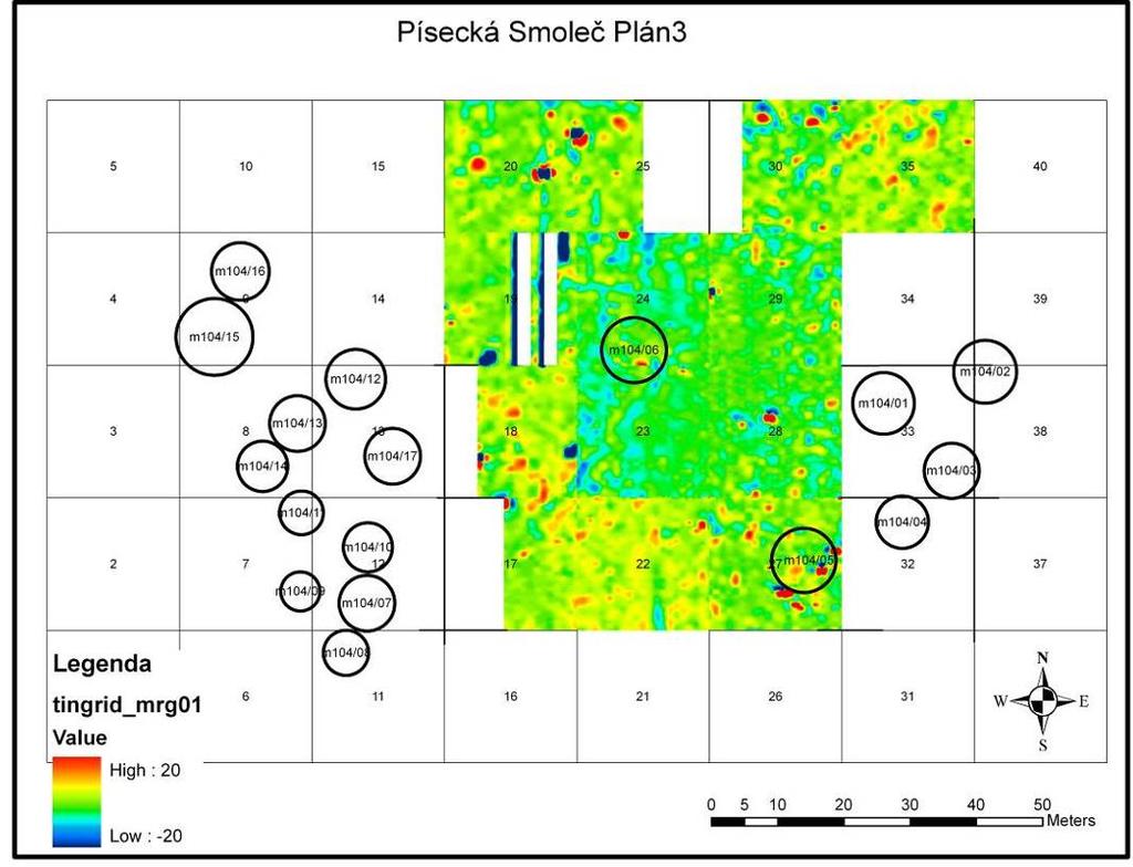 měření Plán 2 - Plán mohylového pohřebiště Písecká Smoleč s vyznačenými čtverci pro geofyzikální Plán