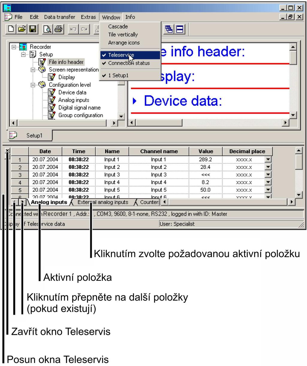 5. Konfigurační program 5.5 Teleservis Tato funkce umožňuje načtení posledních změřených dat z přístroje a navíc i přepínání externích logických vstupů a signálu Modbus. 2.