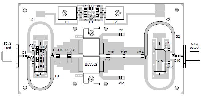 Rádiový vysílač koncový stupeň Příklad Push-Pull zapojení s 2x NPN Si planárními tranzistory na čipu Schéma zapojení (Philips Semiconductors, BLV862) Třída AB, 860 MHz, 150 W, 9 db, 50 %, I cq = 0,8