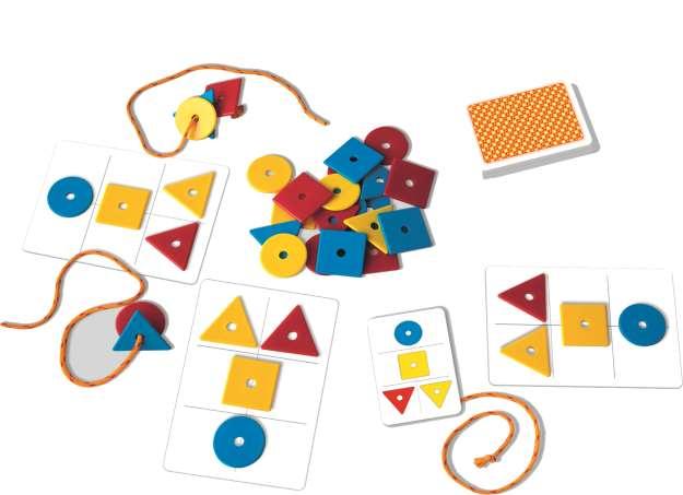 Pexi, s. r. o. www.pexi.cz Tvary, barvy, paměť Hra s navlékáním na provázky pro 2-4 hráče od 5 let. Na 55 kartách jsou vzory odpovídající tvarům plastových žetonů.